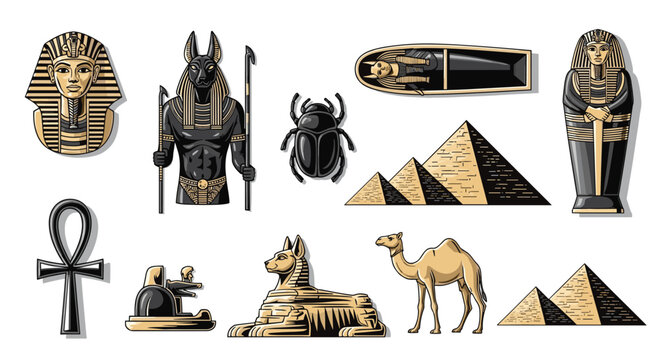 Detailed set of ancient egyptian icons featuring pharaoh masks, gods, pyramids, the sphinx, a camel, and sacred symbols.