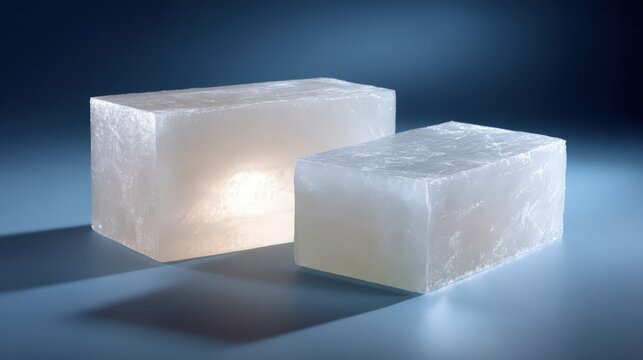 Translucent Crystal Salt Blocks with Blue Lighting Glow Mineral Texture Geometric Scientific Photography