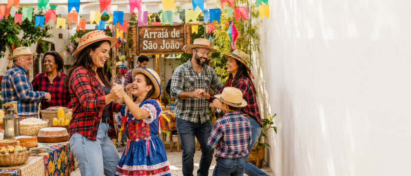 Festa Junina family celebration banner with woman, man, child dancing near rustic food stall, Portuguese text Arraia de S&atilde;o Jo&atilde;o meaning St Johns fair, copy space for cultural event promotion