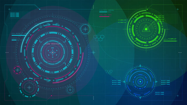 Futuristic neon HUD interface with glowing circular radar displays, core reactor target graphics, data panels, and dark grid background