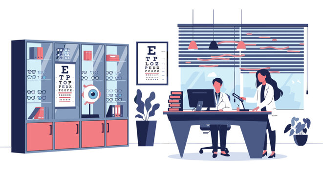 Modern optometry clinic interior with professional doctors, eye testing equipment, and a display of glasses frames.
