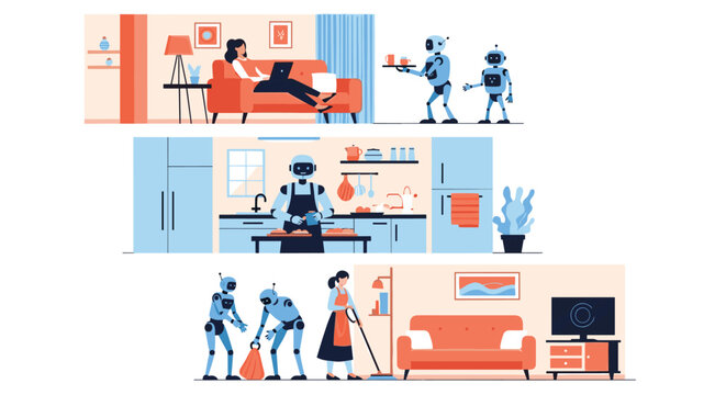 Domestic robots assisting people with household chores like serving drinks, cooking in the kitchen, and cleaning the living room.