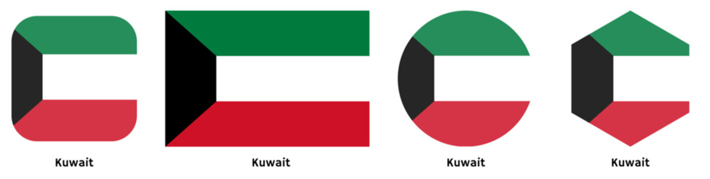 Kuwait flag vector SVG in circle and square curved flag shapes with transparent background. Editable, scalable national flag design for branding, web, print, and digital media.