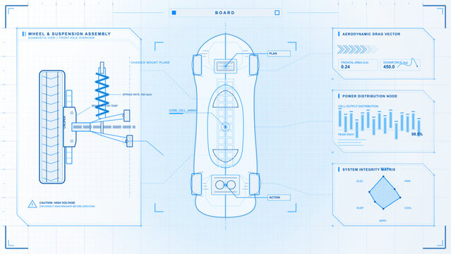 Blue automotive blueprint HUD showing top down electric vehicle plan, wheel suspension assembly, drag metrics and system charts on grid background