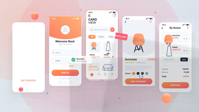 Mobile furniture shopping app interface with sign in, product cards, armchair detail, basket checkout and coral gradient accents in vector style