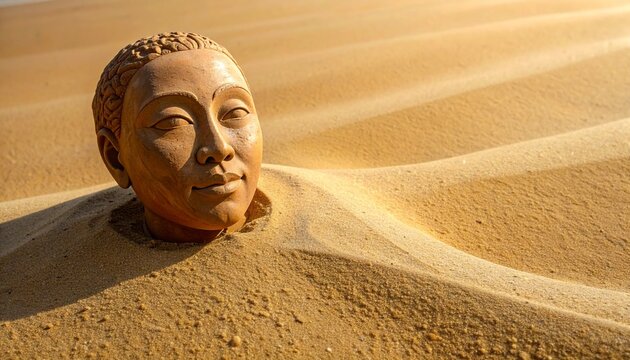 Ancient Egyptian pharaoh statue in desert sand.
