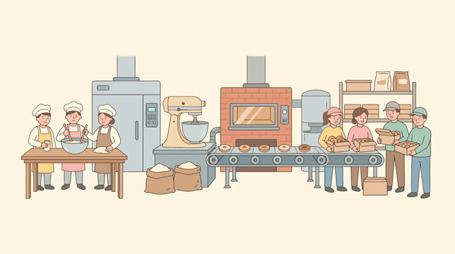 Bakers and workers on a factory production line making donuts.