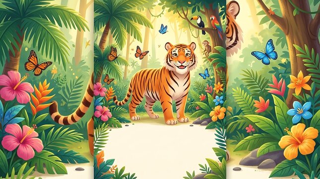 Cute Tiger in Lush Tropical Jungle for International Tiger Day