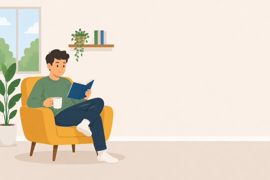 Young man reading book and drinking coffee in cozy armchair at home flat vector illustration with copy space