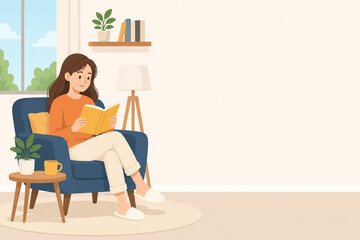 Fototapeta premium Young woman reading book while relaxing in cozy living room armchair flat vector illustration with copy space