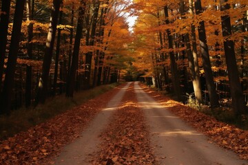 Fototapeta premium Autumn forest road covered with fallen dry leaves. Tall trees with orange and yellow foliage line the path. Sunlight filters through the canopy creating shadows on the ground.