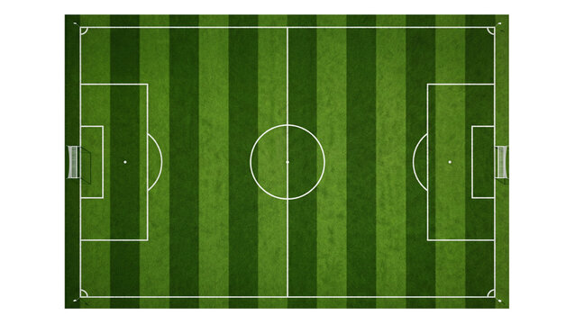 Soccer field aerial view with white lines on transparent background