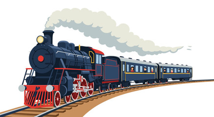 Vintage Steam Locomotive Engine Vector Illustration Featuring A Classic Train Traveling On Railroad Tracks With Trailing Smoke © Emi