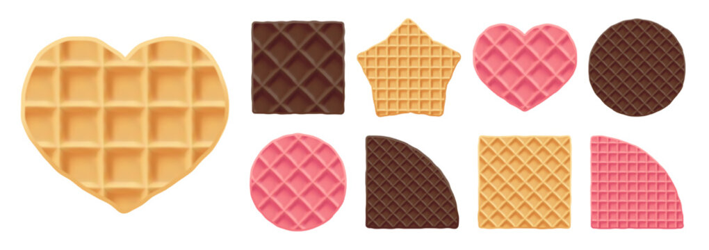 Vector heart waffle, wafer chocolate seamless texture, Belgian star cookie icon. Square pattern and pink round biscuit, Belgian creamy caramel cake bg. Cute heart-shaped pancake, sweet tasty dutch set