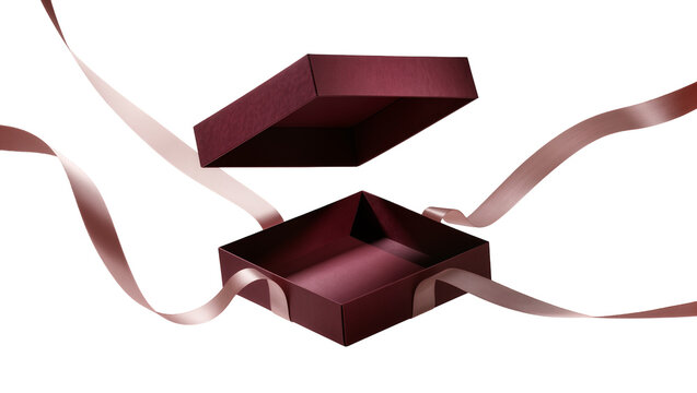 Isolated elegant open gift box with floating lid and decorative satin ribbons design element