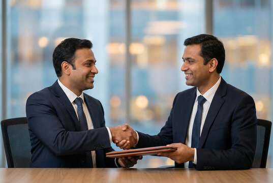 Indian businessmen shaking hands in corporate office setting holding leather folder during meeting