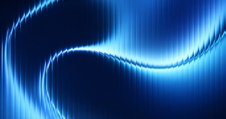 Abstract reeded glass background with dynamic blue liquid wave and vertical glowing lines, glossy surface with 3D fluid metal reflections for modern tech design © Nadezhda
