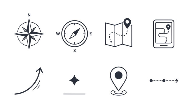 Vintage adventure navigation icon vector set featuring nautical compass paper map GPS route and location pin on white background