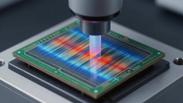 Examining a Microchip Under High Magnification with Colorful Spectrograms