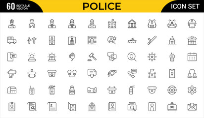 Police Line Icon Set for Law Enforcement, Public Safety, Crime Prevention, Security Services and Emergency Response Outline Vector Collection © Iconfly