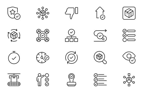Quality Control Line Icon Set for Quality Assurance, Inspection Management, Compliance Standards, Process Monitoring and Product Verification Outline Vector Collection