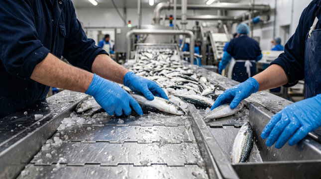 Workers sort fresh mackerel on an industrial conveyor belt in a seafood processing plant.