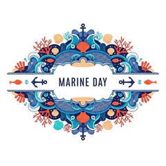 Colorful marine day celebration illustration with sea creatures.