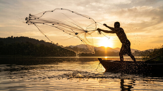 Silhouetted fisherman throwing a traditional cast net on a serene river during sunset.