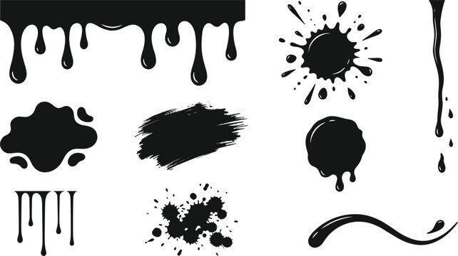 Black Drip Splatter and Liquid Ink Paint Splash Vector Graphic Silhouette Set for Grunge Textured Banner Background Designs