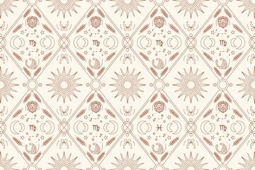 Fototapeta premium Seamless pattern with zodiac symbols, lions, suns, moons, and wheat stalks in a diamond grid layout on a light beige background