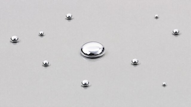 Mercury droplet scattered into silvery beads on a smooth, reflective surface.