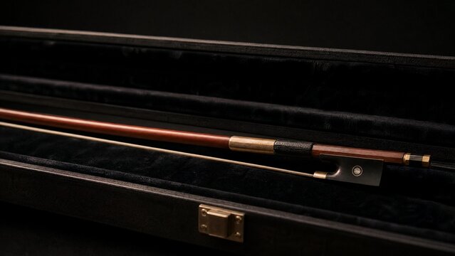 A single pernambuco wood violin bow resting in an open velvet-lined case with soft focus and dramatic lighting.