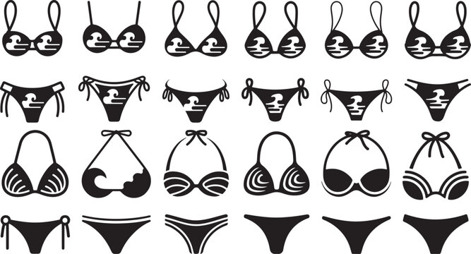 Collection of various bikini and swimwear designs for women in black silhouette on white background