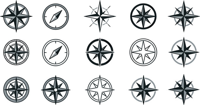 Vintage Windrose and Compass Rose Vector Icon Set for Nautical Marine Exploration Travel and Cartography Map Designs