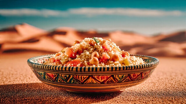 Plat traditionnel, taboul&eacute;, couscous sur fond de d&eacute;sert
