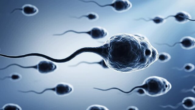 Sperm cells are swimming rapidly towards a large egg cell.