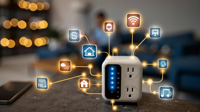 macro view of smart power outlet with connected household devices, soft glowing energy monitoring icons and wireless network indicators, realistic residential environment, home automation concept