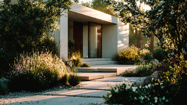 Entr&eacute;e de villa moderne avec jardin