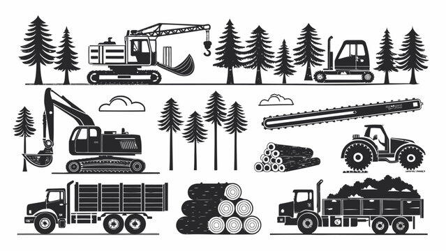 Black and white illustration set of logging and forestry equipment on white background