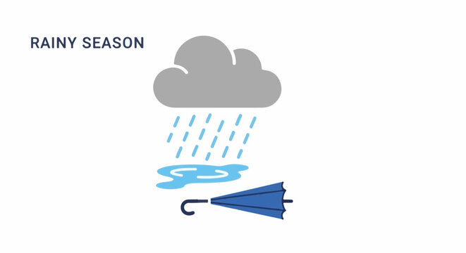 A grey cloud showers blue raindrops onto a puddle next to a closed blue umbrella