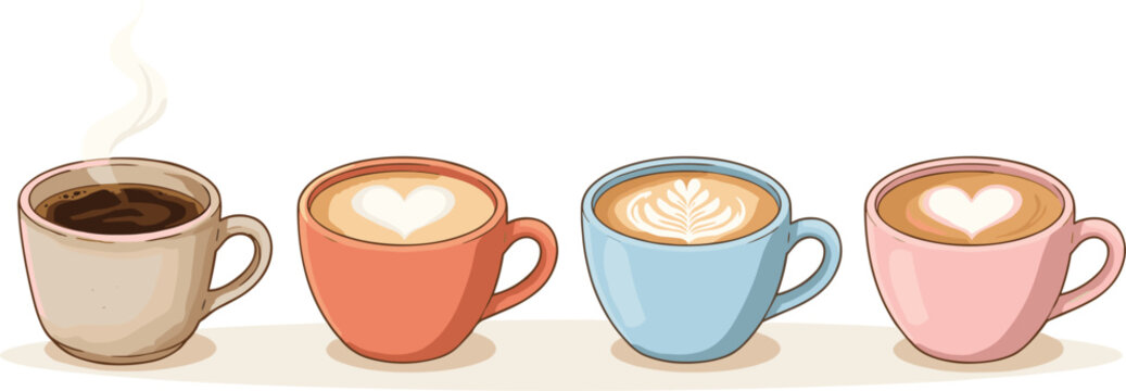 Coffee Cup and Hot Beverage Vector Icon Set Featuring Espresso Cappuccino Latte Art Heart Shape Rosetta and Cute Pastel Mug Graphic Designs
