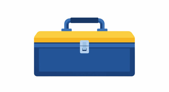 A blue and yellow toolbox with a silver latch and a dark blue handle on a white background