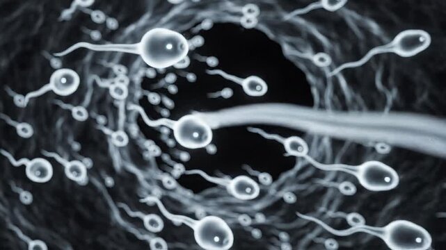 Sperm cells are swimming through a dark tunnel-like structure.
