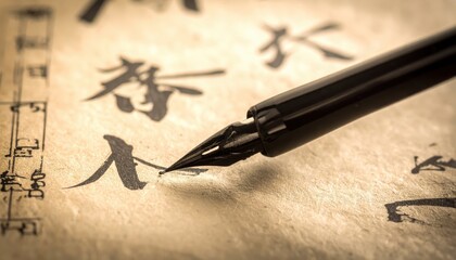 Fototapeta premium A fine black calligraphy brush pen glides across textured paper creating elegant ink strokes and Asian characters.