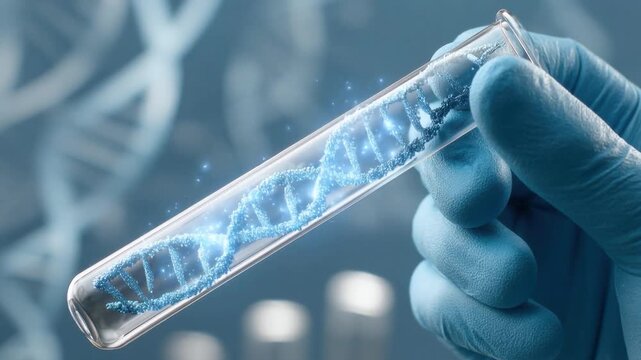 Close-up of gloved hand holding test tube with DNA double helix strand inside representing genetic research and biotechnology innovation in laboratory environment