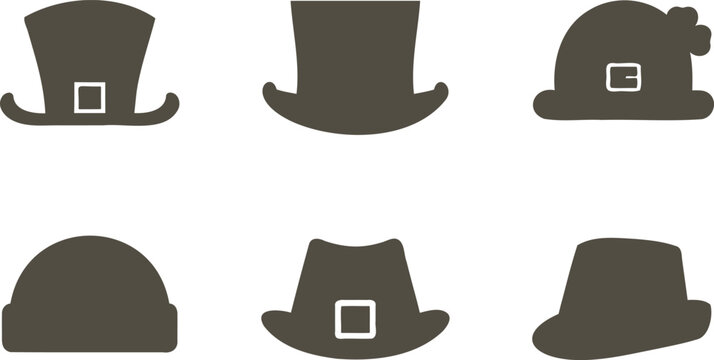 Collection of six different stovepipe hats with buckle isolated on white background