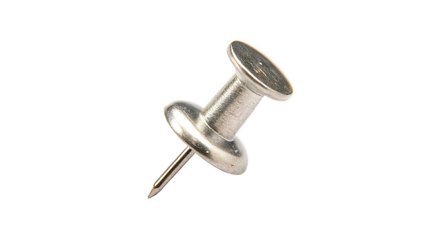 Classic silver metal push pin thumbtack office stationery tool isolated on transparent background