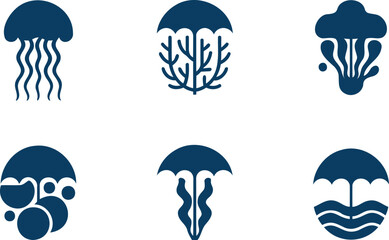 Set of blue jellyfish and sea creatures icons on white background © Jarina