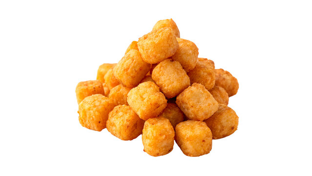Pile of golden brown crispy tater tots fried potato snacks isolated on transparent background