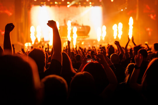 Music Fans Raising Horn Gestures at Dark Rock Gig